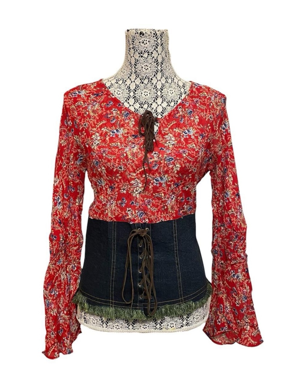 Angie Floral Denim Corset Style Long Sleeve Top